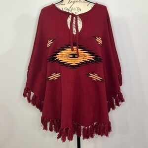 TASI Malibu sweater poncho with tassel fringe and southwest/aztec embroidery M